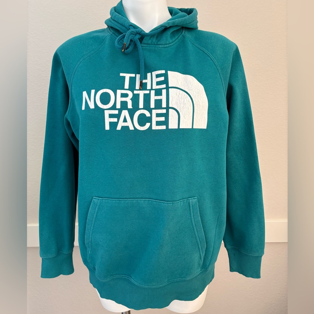 The North Face Hoodie Woman Medium Hooded Sweatshirt Logo Long Sleeve Teal Blue - Picture 10 of 11